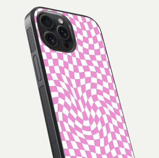 Bubblegum Check Wave iPhone 15 Pro glass phone case angled back view highlighting check wave artwork and side grip texture