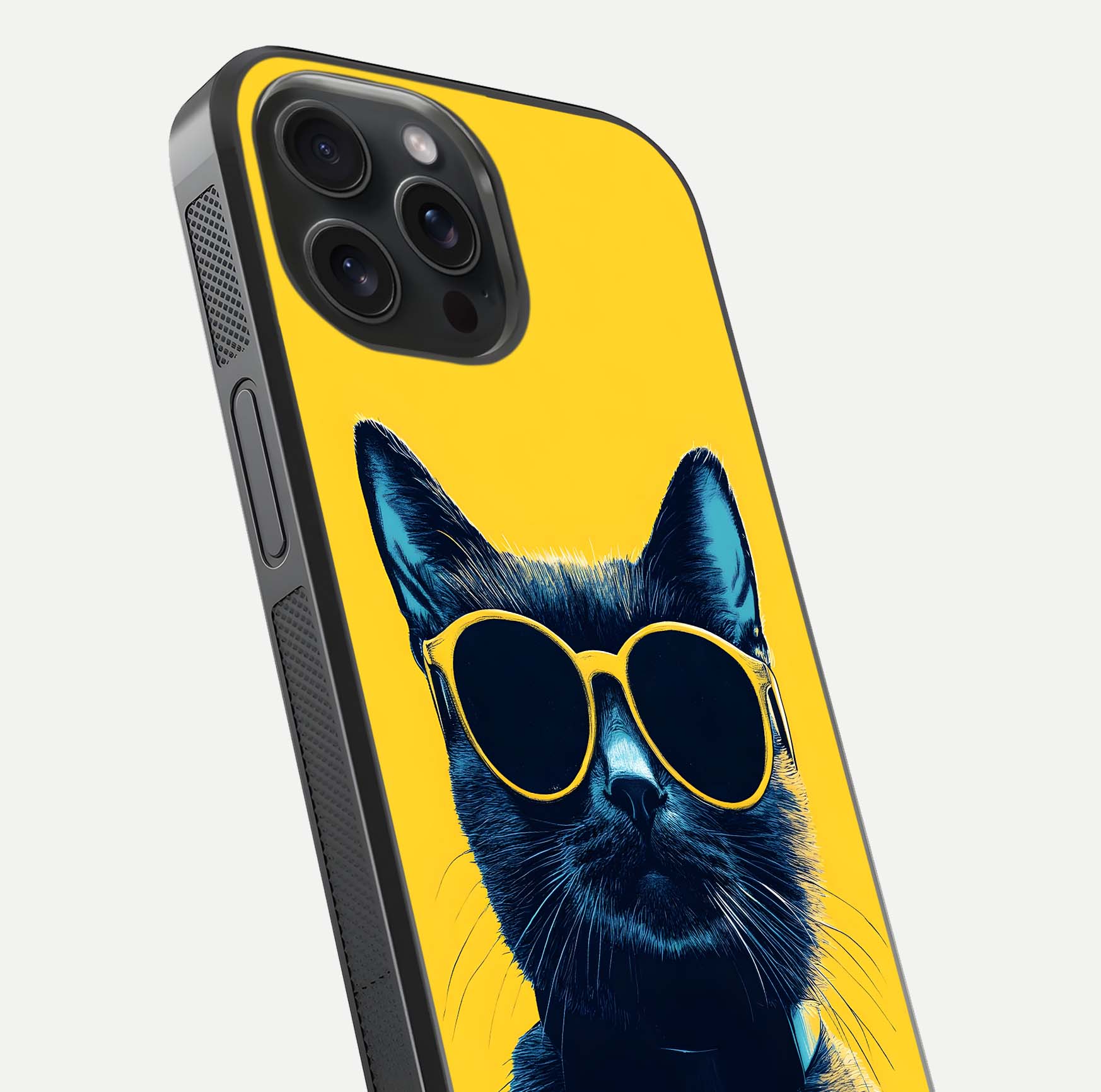 Cool Cat Vibes iPhone 15 Pro glass phone case angled back view highlighting cat artwork and textured side grip