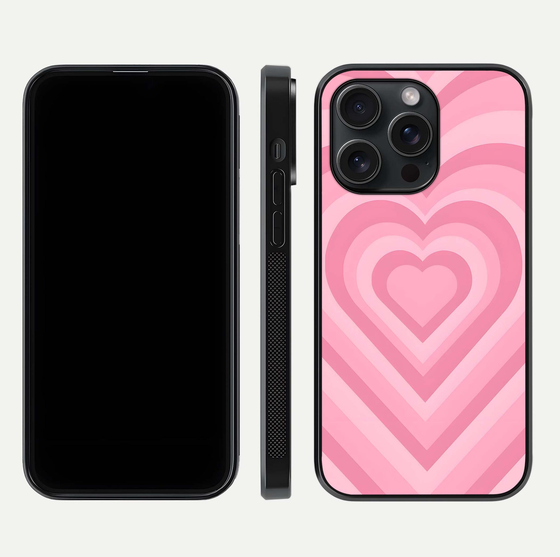 Blush Heart Waves iPhone 15 Pro glass phone case front and side layout view displaying slim frame and full heart pattern
