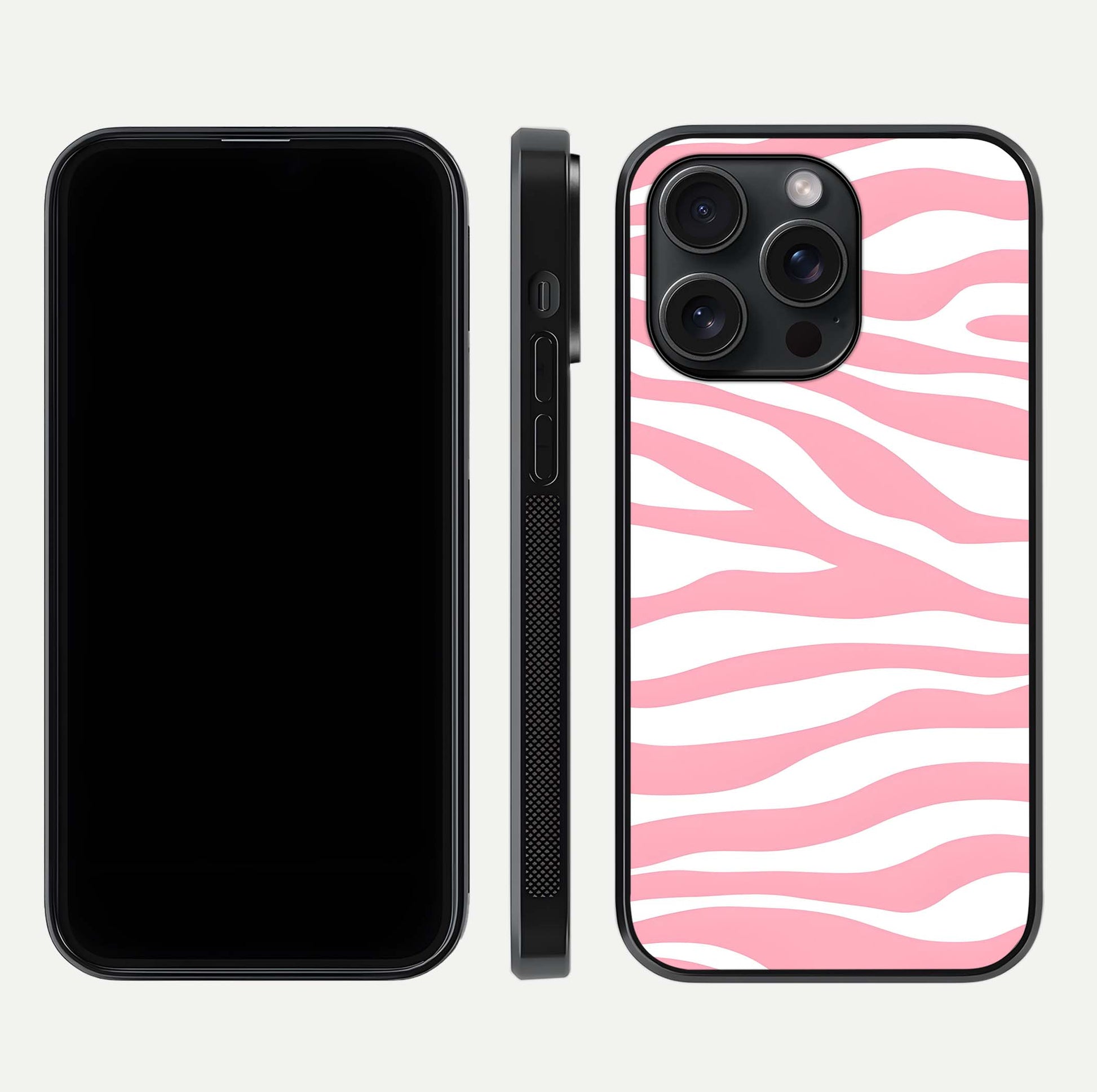 Blush Zebra Flow iPhone 15 Pro glass phone case front and side layout view showing slim build and flowing pattern coverage