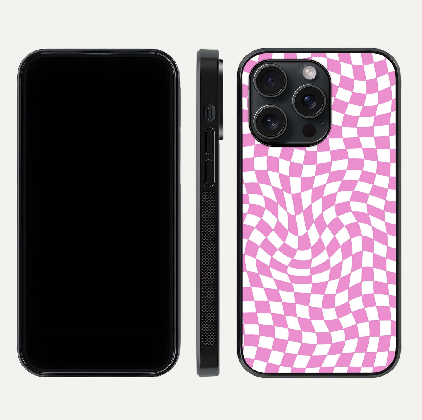 Bubblegum Check Wave iPhone 15 Pro glass phone case front and side layout view displaying slim profile and full pattern coverage