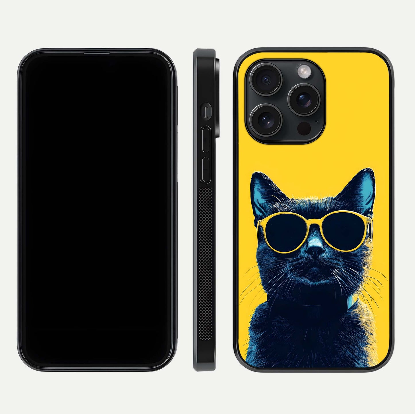 Cool Cat Vibes iPhone 15 Pro glass phone case front and side layout view showing slim frame and full design coverage