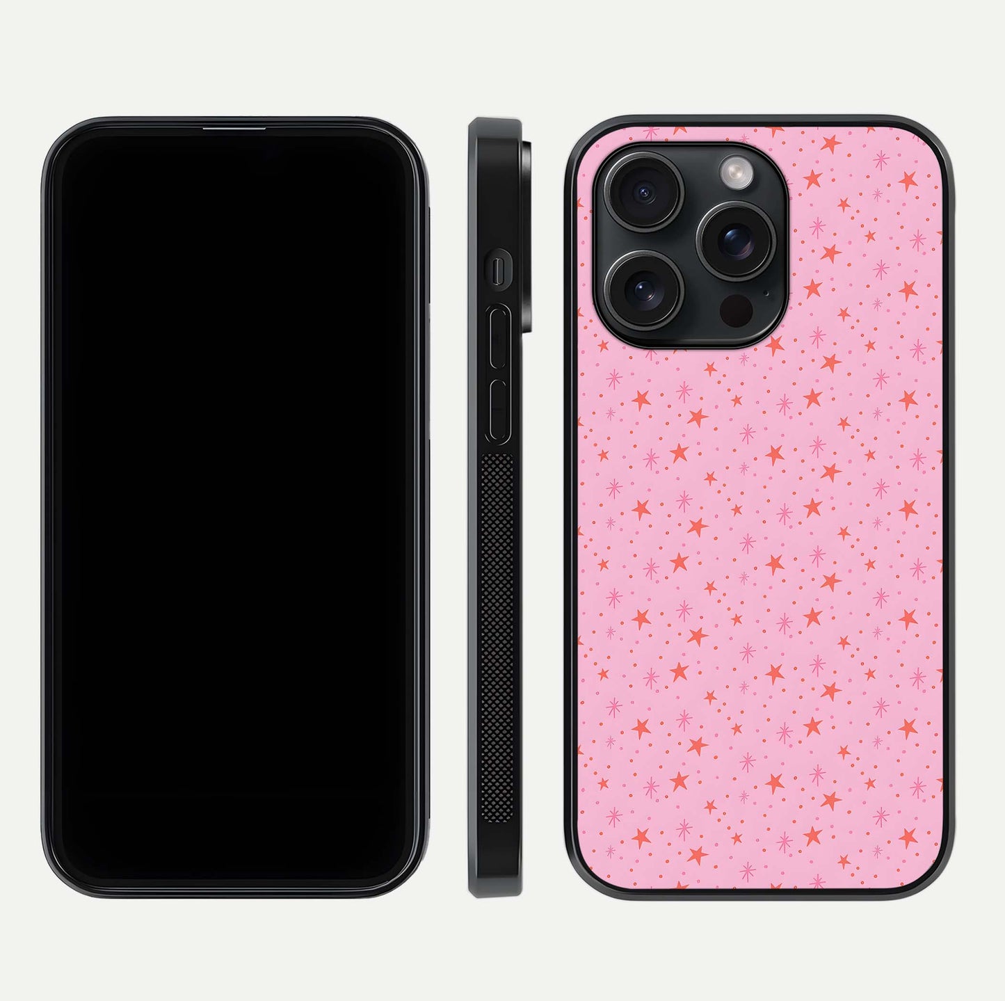 Cosmic Pink Sparkle iPhone 15 Pro glass phone case front and side layout view displaying slim profile and full cosmic coverage