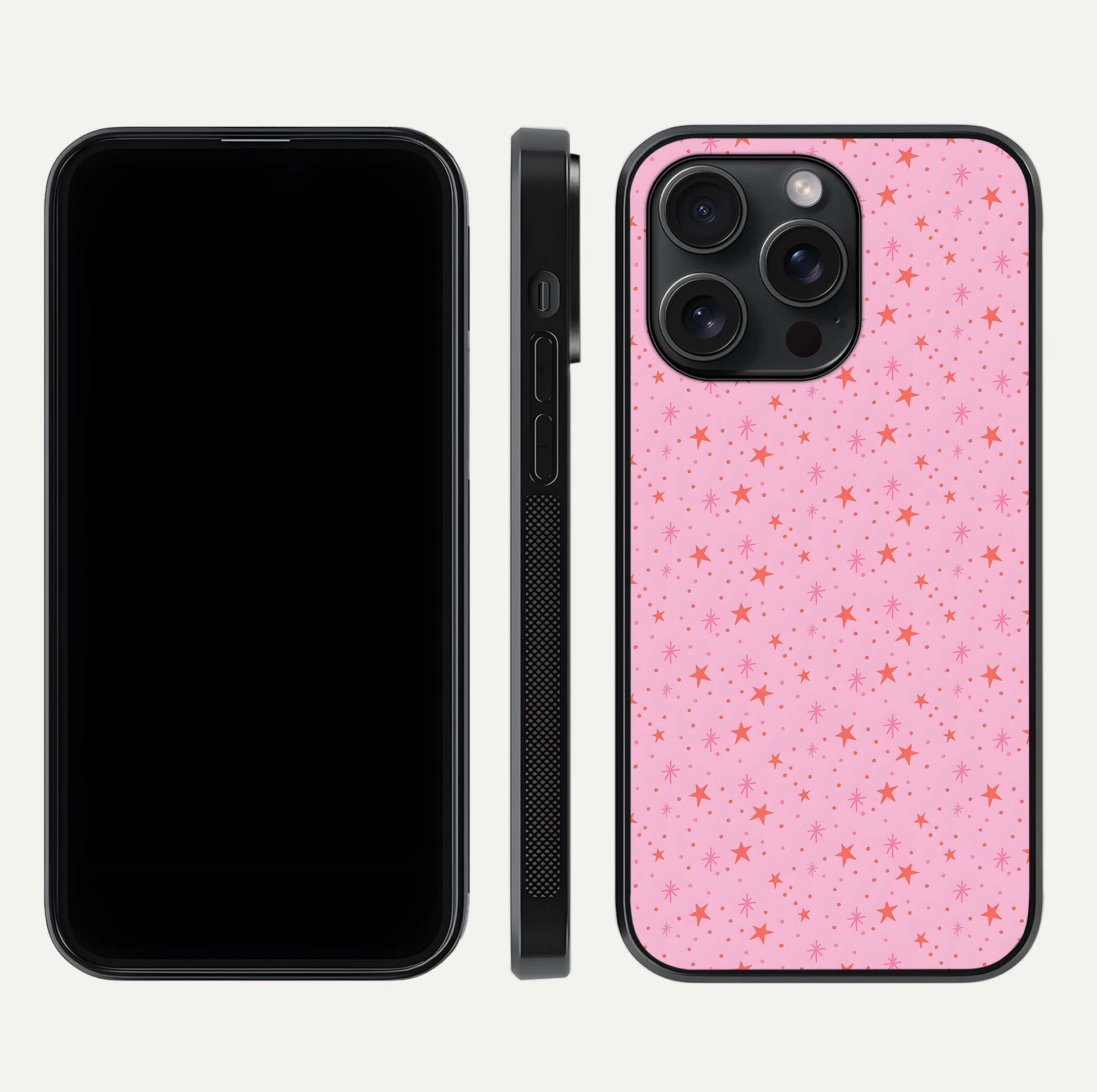 Cosmic Pink Sparkle iPhone 15 Pro glass phone case front and side layout view displaying slim profile and full cosmic coverage