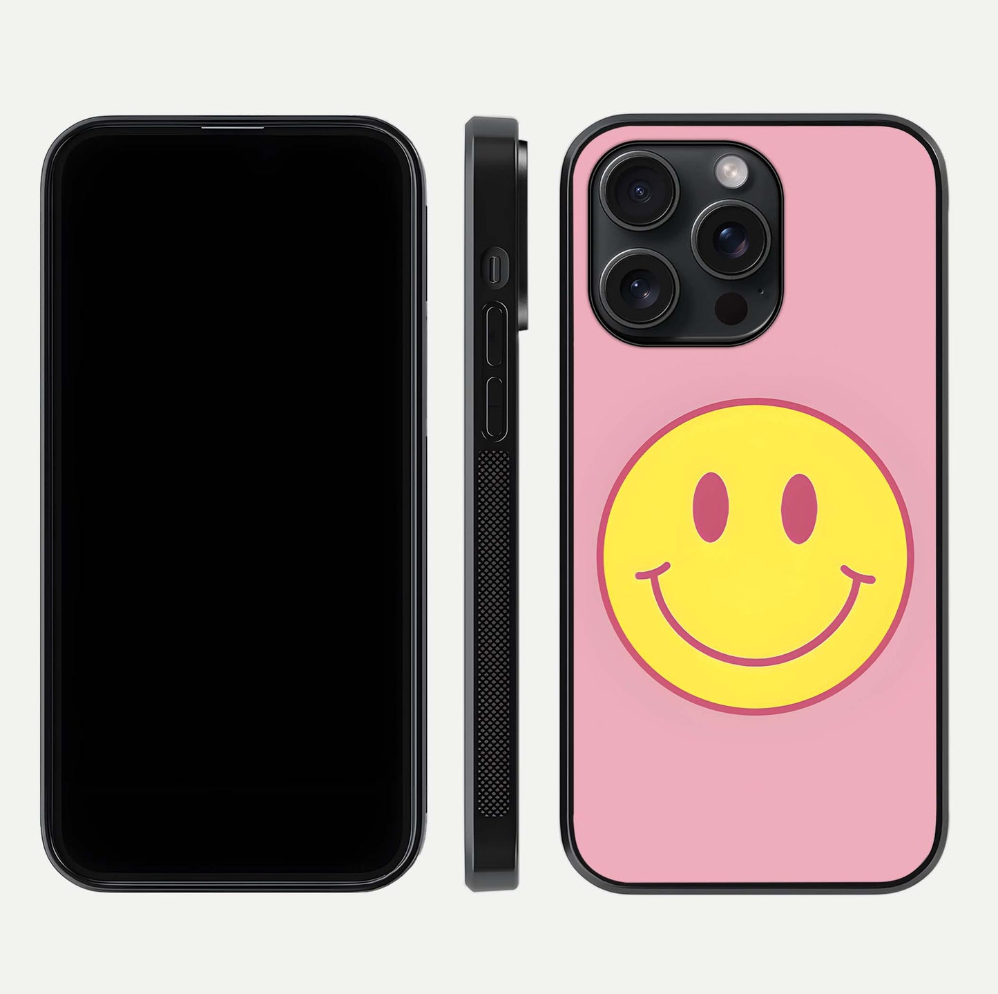 Happy Pink Mood iPhone 15 Pro glass phone case front and side layout view showing slim build and full pink coverage