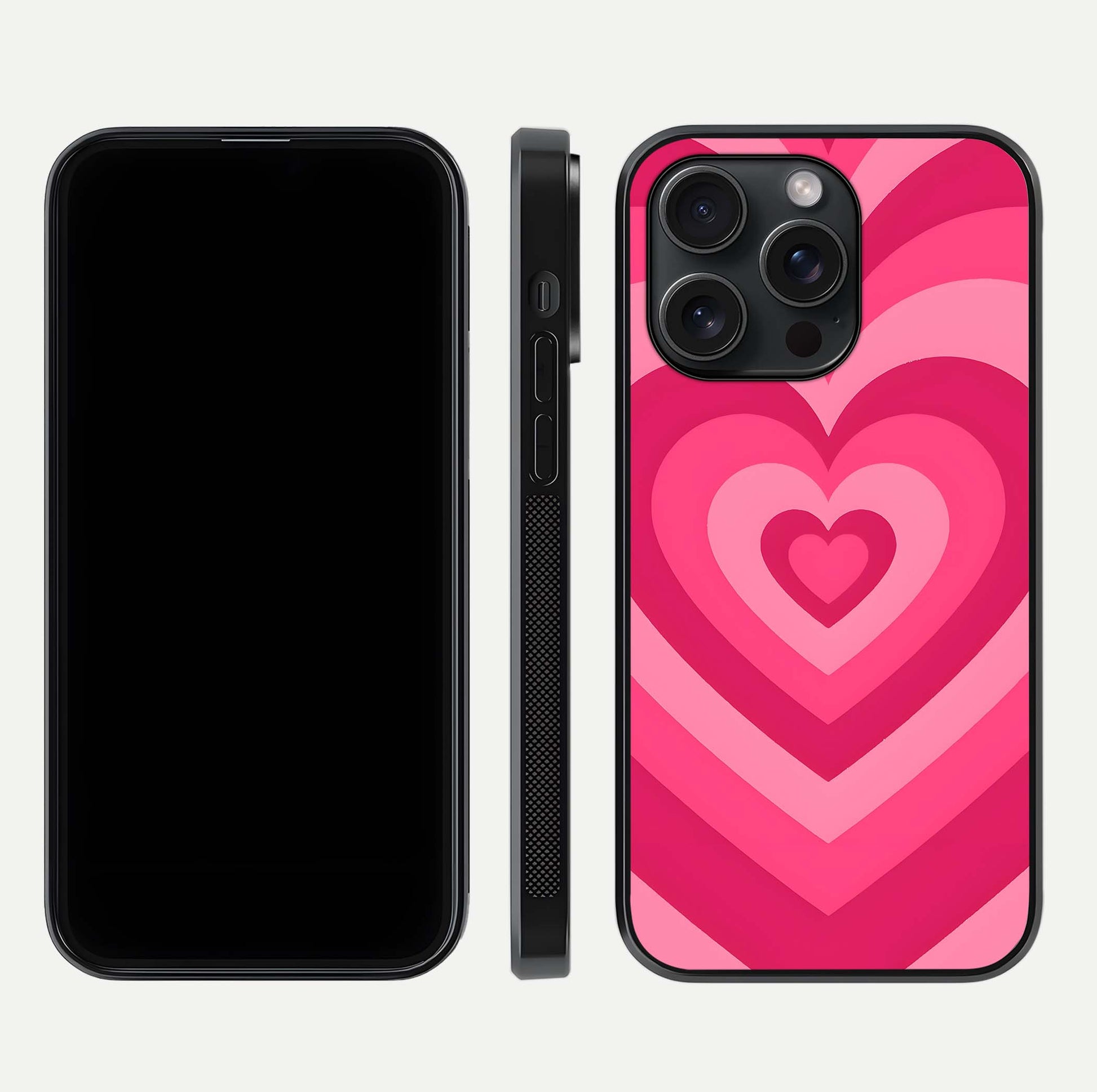 Layered Love Hearts iPhone 15 Pro glass phone case front and side layout view displaying slim profile and full heart design