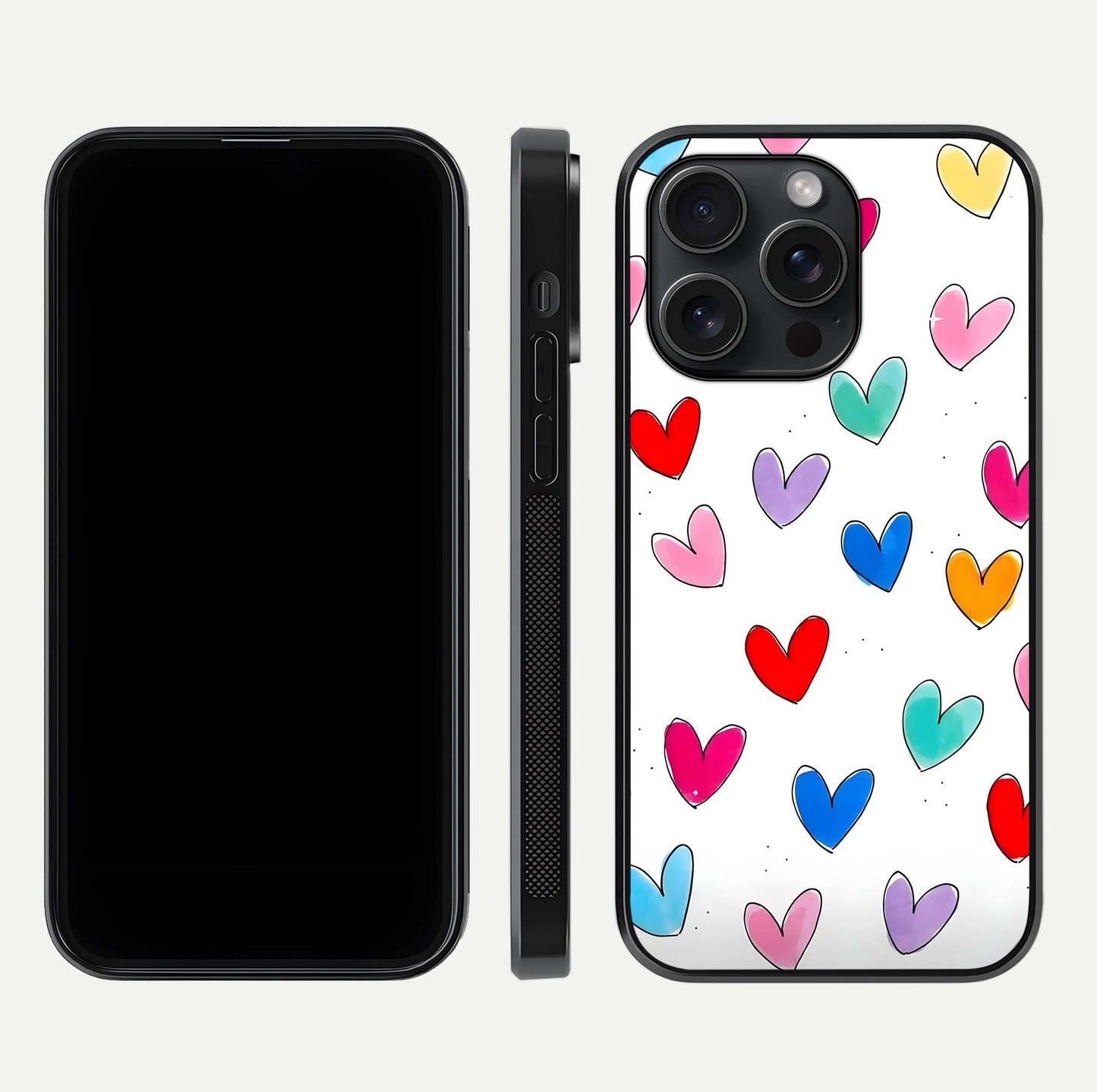 Playful Love Doodles iPhone 15 Pro glass phone case front and side layout view showing slim build and full doodle coverage