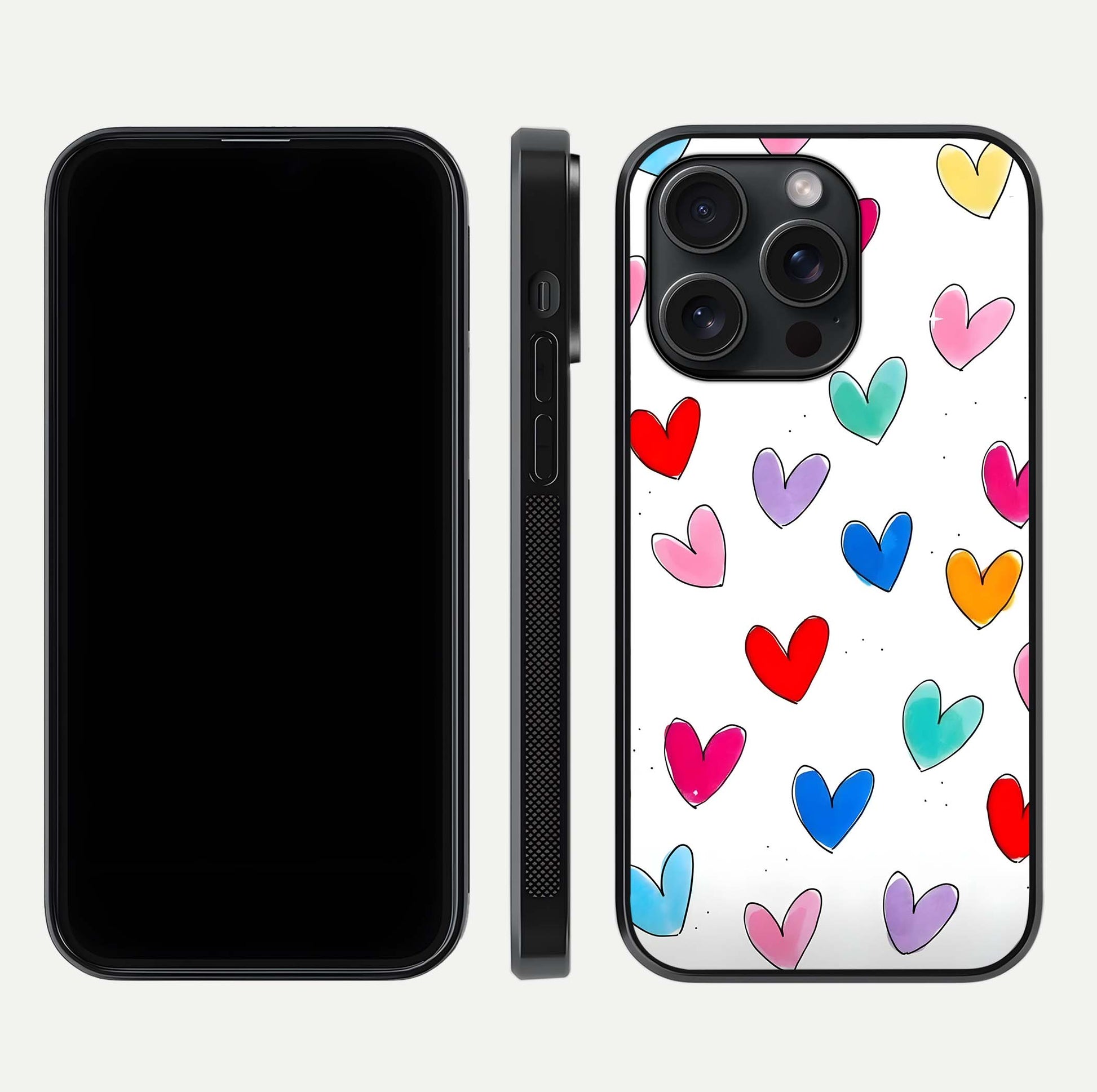 Playful Love Doodles iPhone 15 Pro glass phone case front and side layout view showing slim build and full doodle coverage