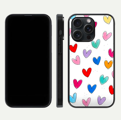 Playful Love Doodles iPhone 15 Pro glass phone case front and side layout view showing slim build and full doodle coverage