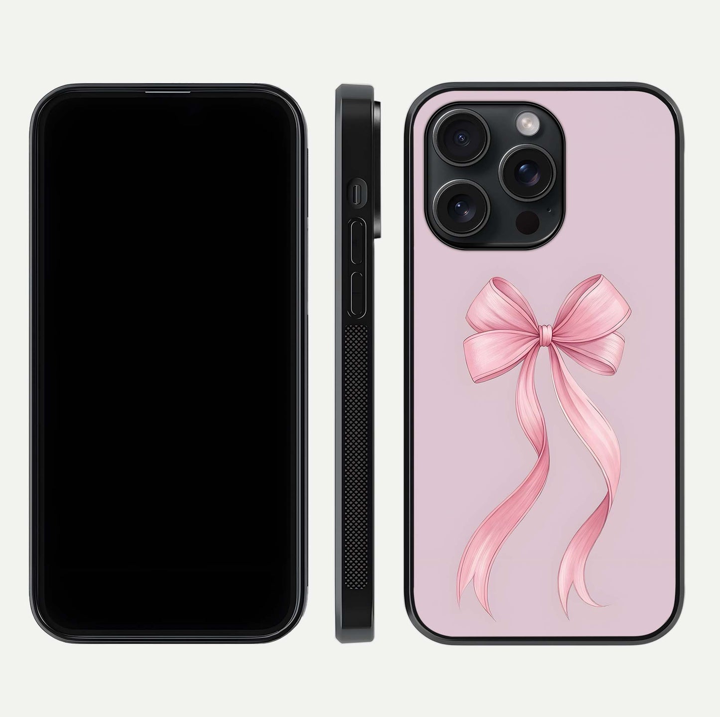Soft Blush Bow iPhone 15 Pro glass phone case front and side layout view displaying slim profile and gentle aesthetic