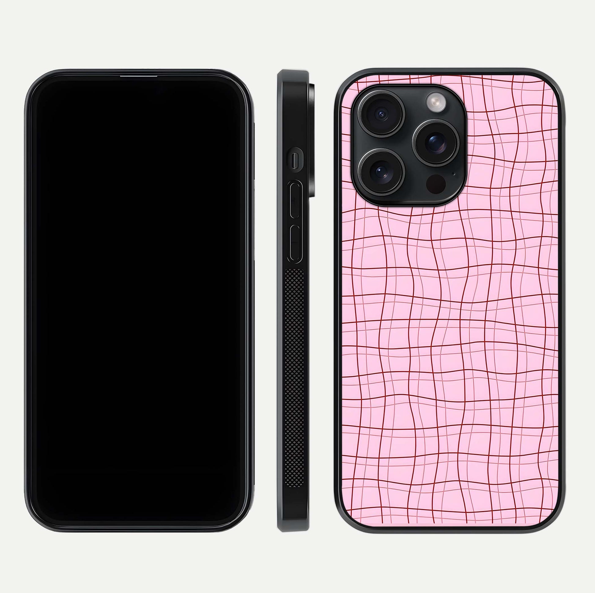 Soft Grid Bliss iPhone 15 Pro glass phone case front and side layout view displaying slim profile and clean design