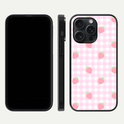Strawberry Picnic Love iPhone 15 Pro glass phone case front and side layout view showing slim profile and full picnic design