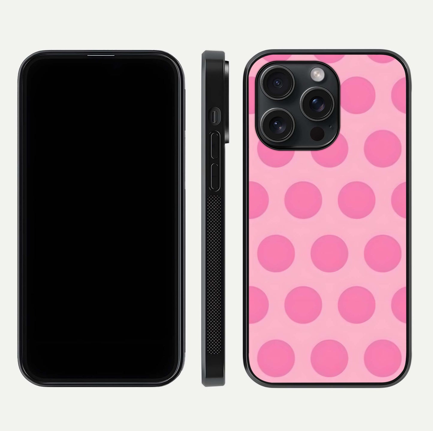 Sweet Dot Dreams iPhone 15 Pro glass phone case front and side layout view displaying slim build and full dot design