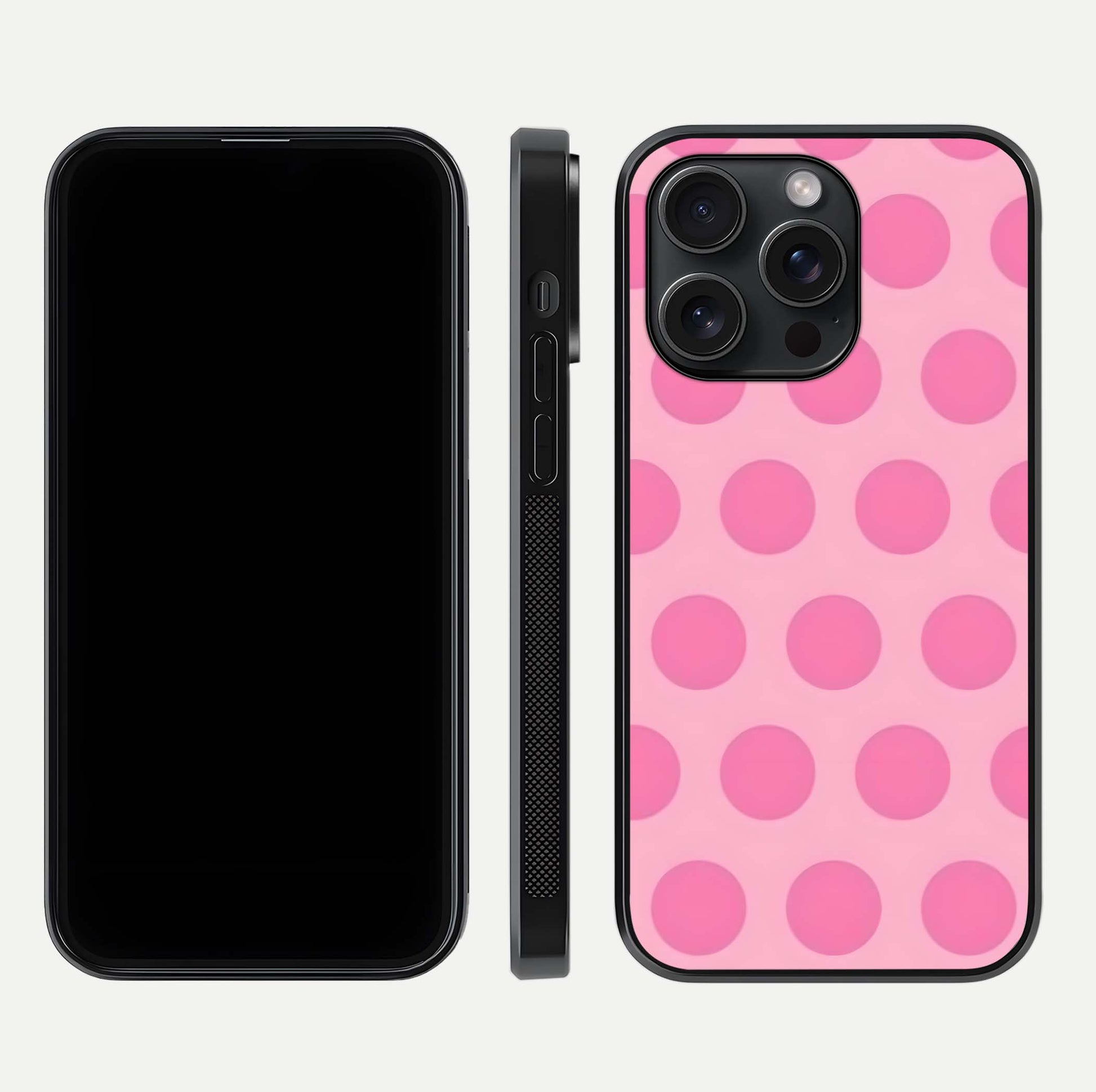 Sweet Dot Dreams iPhone 15 Pro glass phone case front and side layout view displaying slim build and full dot design