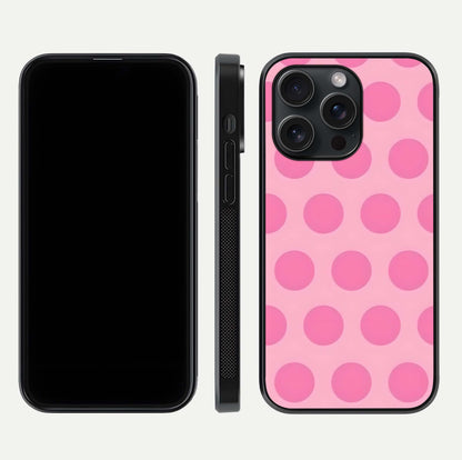 Sweet Dot Dreams iPhone 15 Pro glass phone case front and side layout view displaying slim build and full dot design