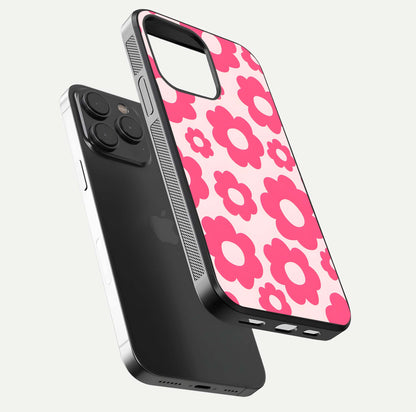 Blush Flower Pop iPhone 15 Pro glass phone case floating view emphasizing premium build and vibrant flower artwork