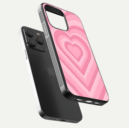 Blush Heart Waves iPhone 15 Pro glass phone case floating view emphasizing glossy finish and layered heart design