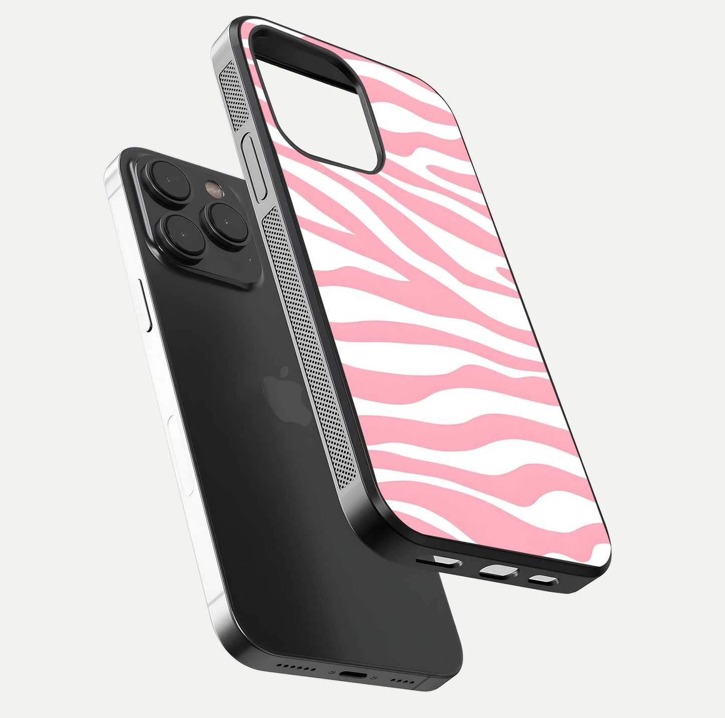 Blush Zebra Flow iPhone 15 Pro glass phone case floating view emphasizing premium glossy surface and dynamic design