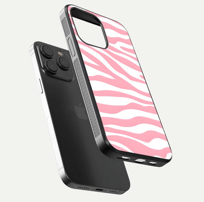 Blush Zebra Flow iPhone 15 Pro glass phone case floating view emphasizing premium glossy surface and dynamic design