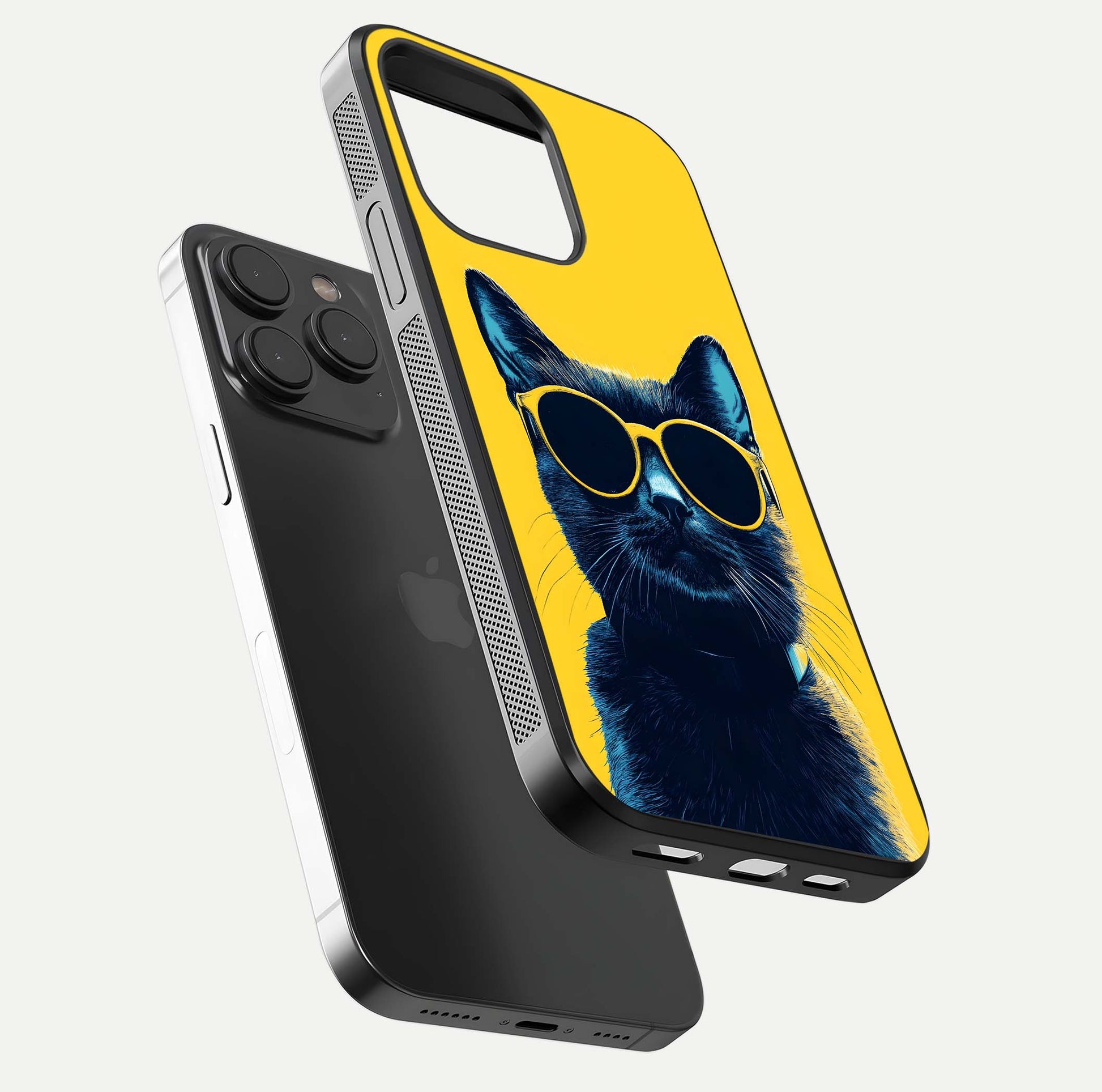 Cool Cat Vibes iPhone 15 Pro glass phone case floating view emphasizing glossy finish and fun cat vibe