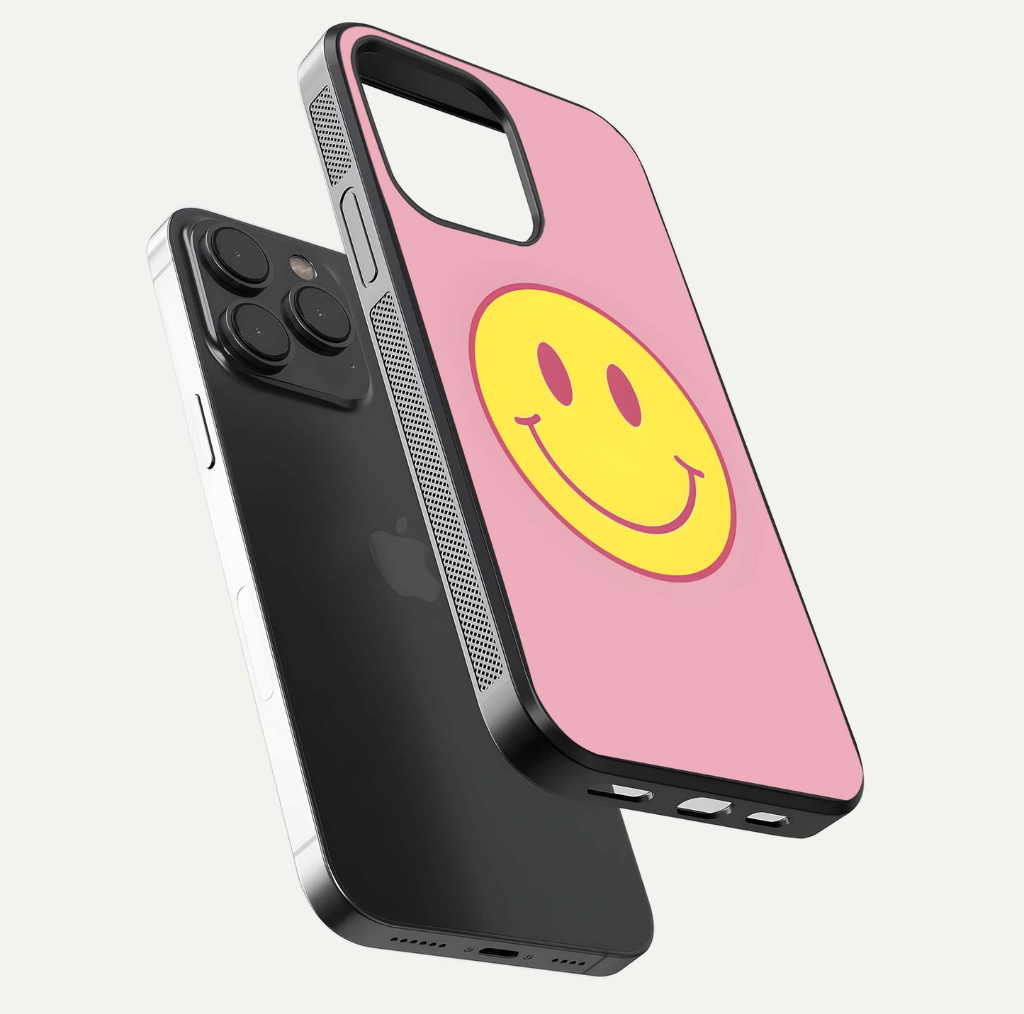 Happy Pink Mood iPhone 15 Pro glass phone case floating view emphasizing glossy finish and joyful color palette