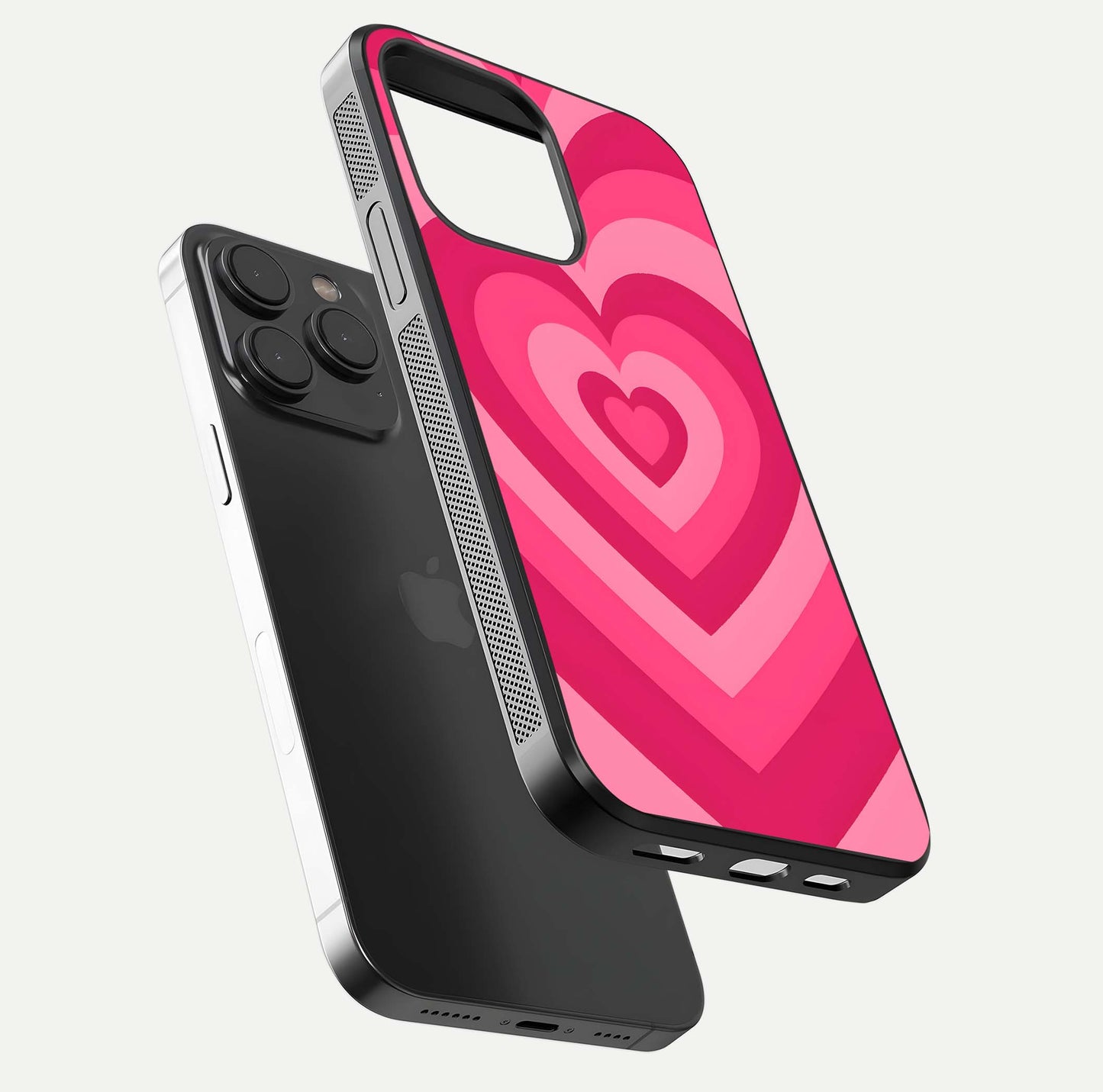 Layered Love Hearts iPhone 15 Pro glass phone case floating view emphasizing glossy surface and layered heart details