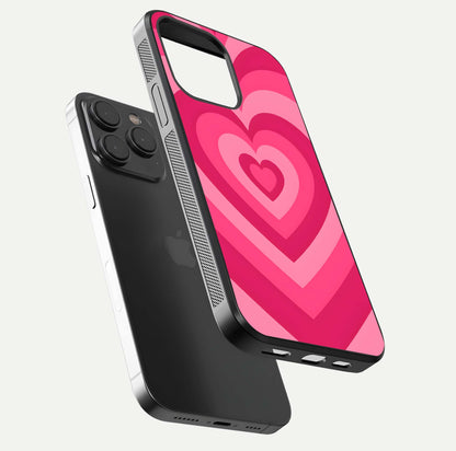 Layered Love Hearts iPhone 15 Pro glass phone case floating view emphasizing glossy surface and layered heart details