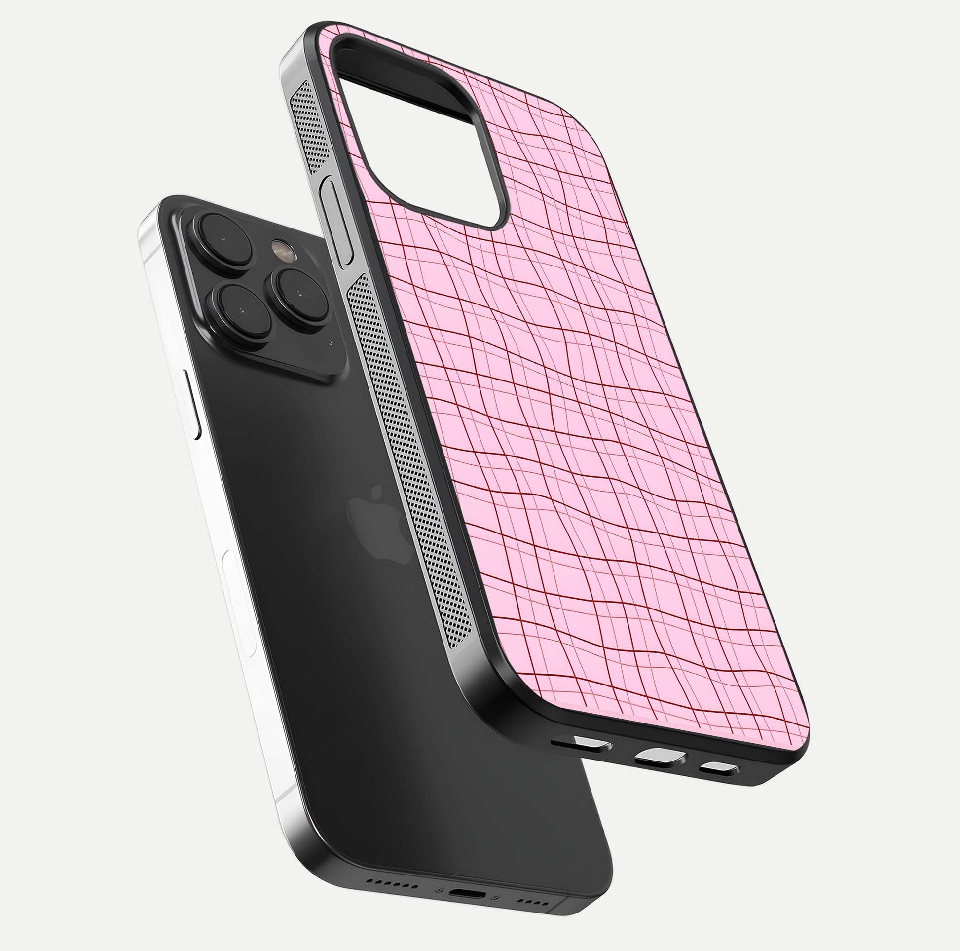 Soft Grid Bliss iPhone 15 Pro glass phone case floating view emphasizing glossy surface and minimal styling