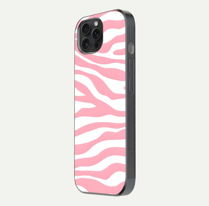 Blush Zebra Flow iPhone 15 Pro glass phone case side profile view focusing on sleek frame and seamless wrap