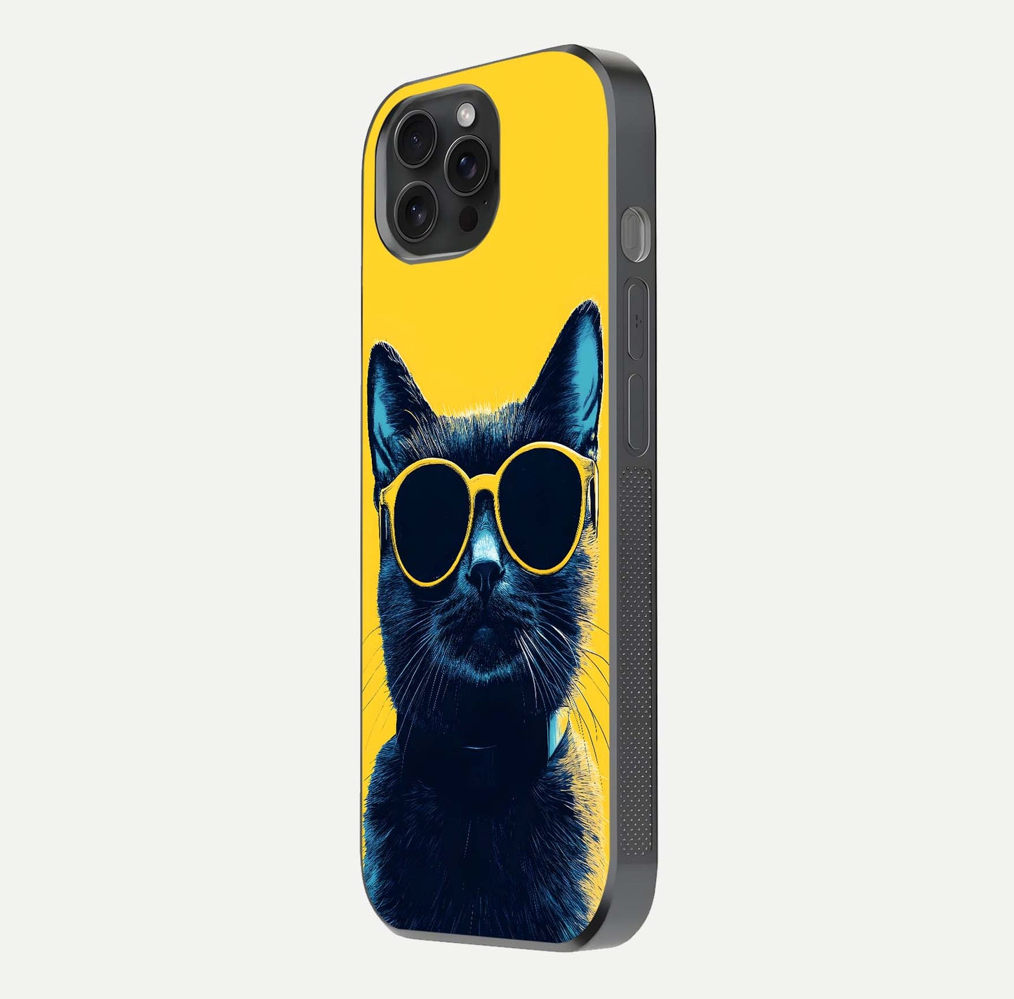 Cool Cat Vibes iPhone 15 Pro glass phone case side profile view focusing on sleek edges and seamless wrap