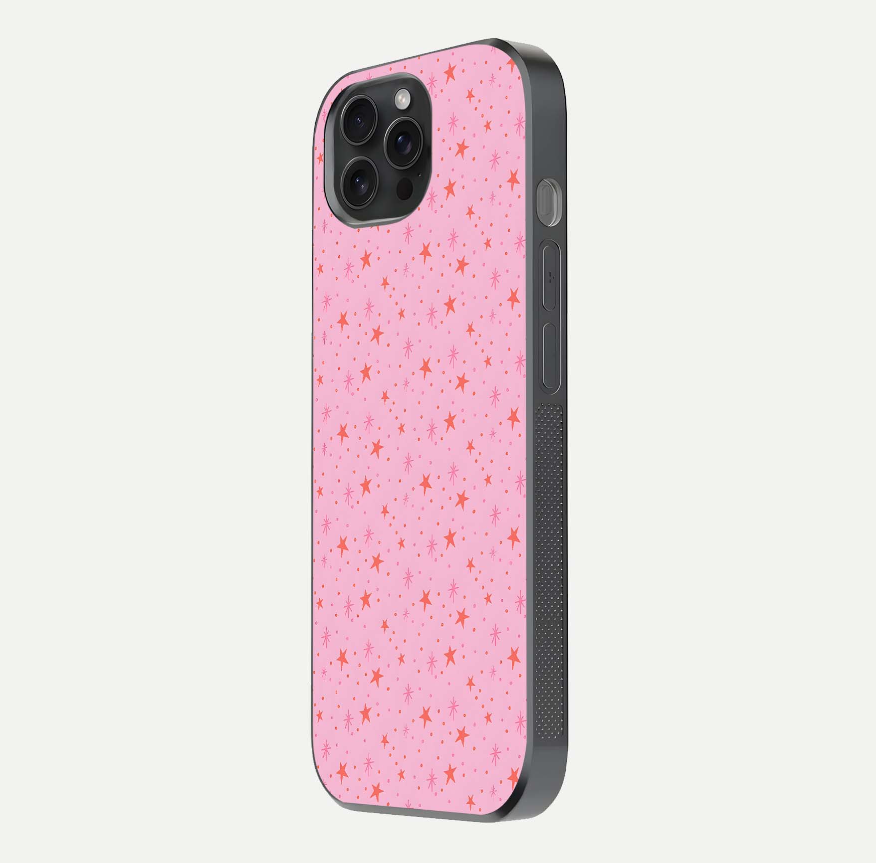 Cosmic Pink Sparkle iPhone 15 Pro glass phone case side profile view focusing on sleek edges and seamless wrap