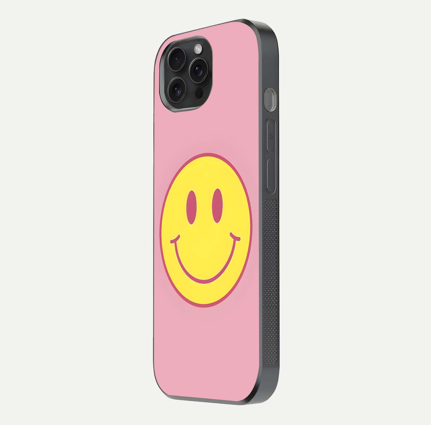 Happy Pink Mood iPhone 15 Pro glass phone case side profile view focusing on smooth frame and clean wrap