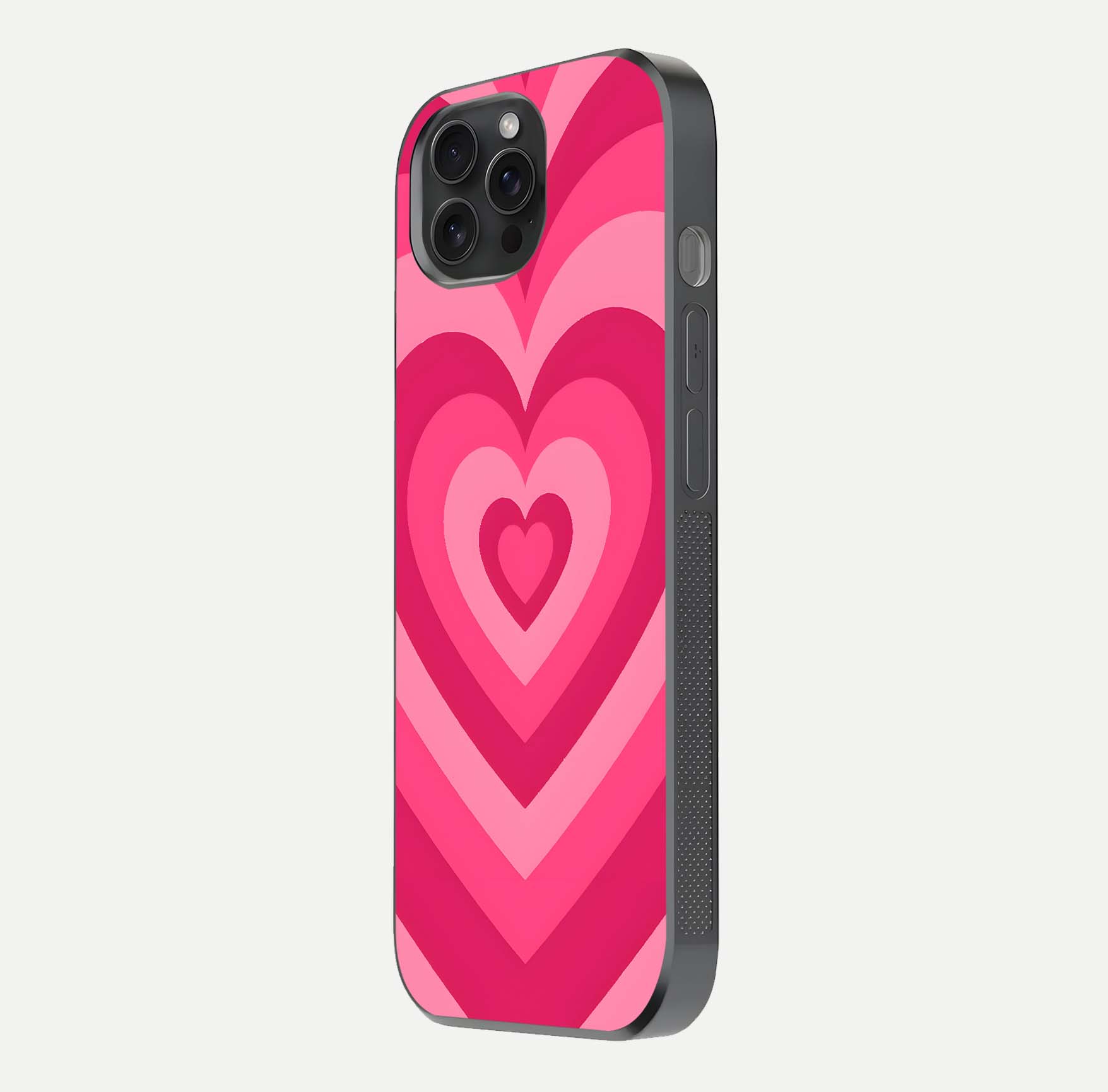 Layered Love Hearts iPhone 15 Pro glass phone case side profile view focusing on sleek edges and seamless wrap