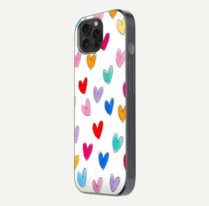 Playful Love Doodles iPhone 15 Pro glass phone case side profile view focusing on smooth frame and seamless wrap
