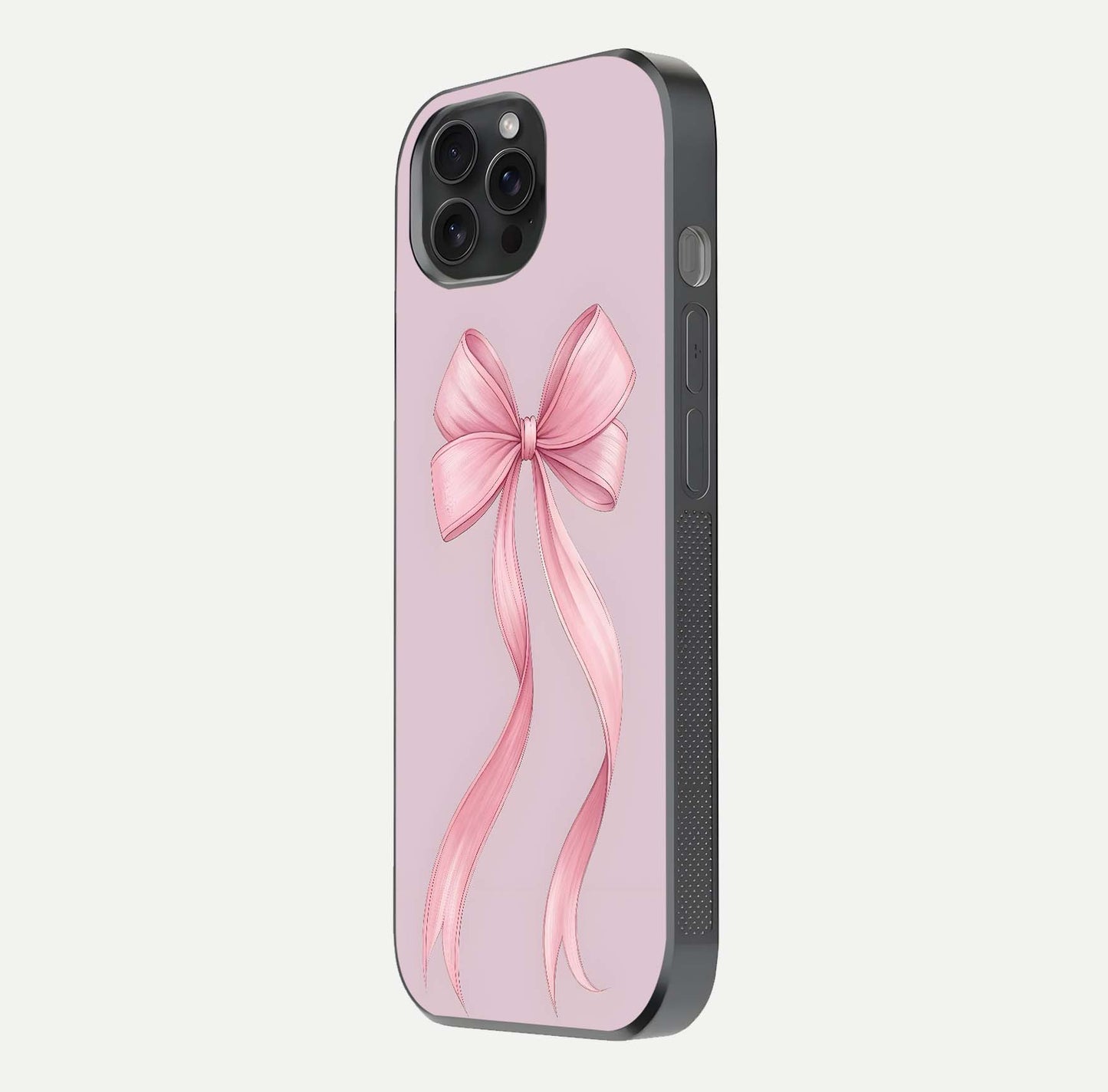 Soft Blush Bow iPhone 15 Pro glass phone case side profile view focusing on sleek edges and seamless wrap
