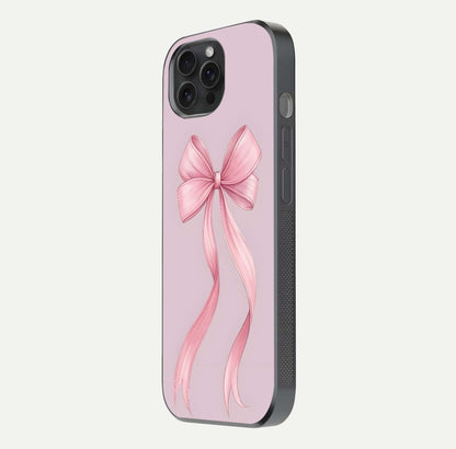 Soft Blush Bow iPhone 15 Pro glass phone case side profile view focusing on sleek edges and seamless wrap