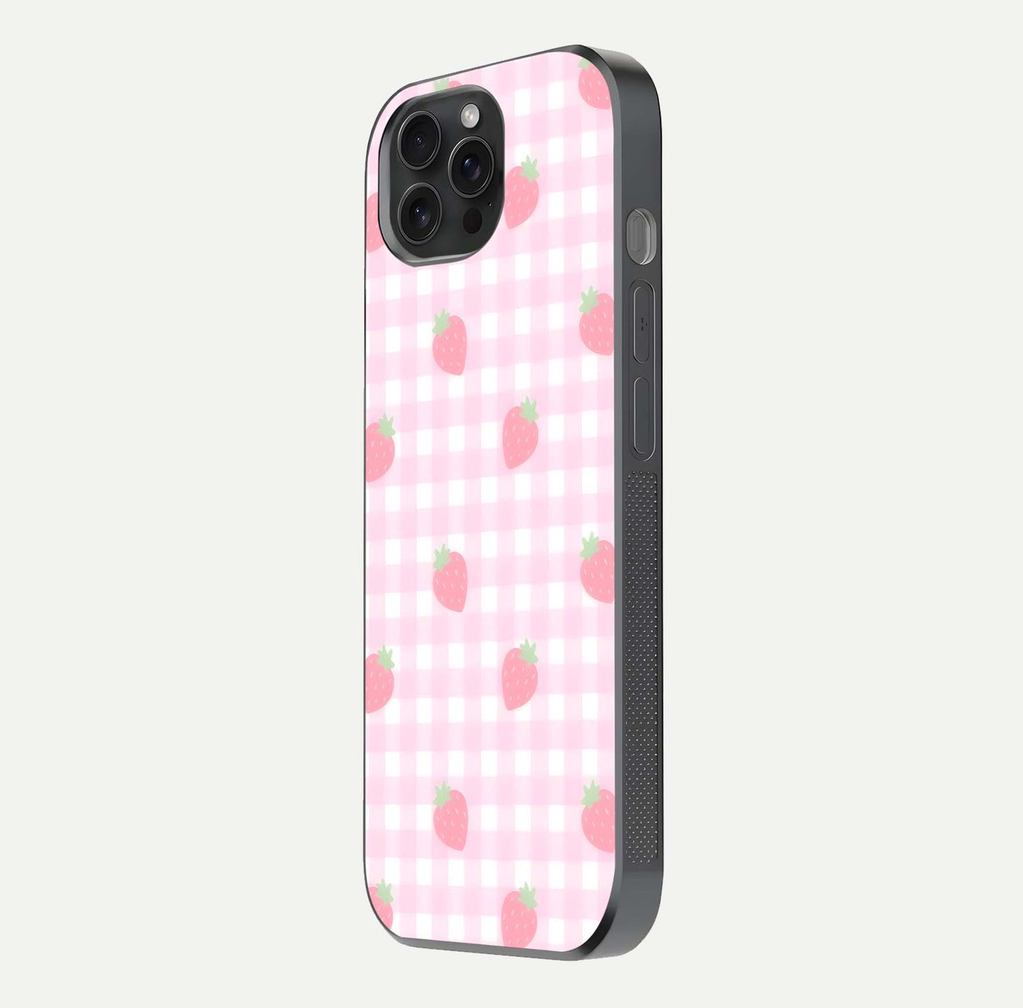 Strawberry Picnic Love iPhone 15 Pro glass phone case side profile view focusing on smooth frame and seamless wrap
