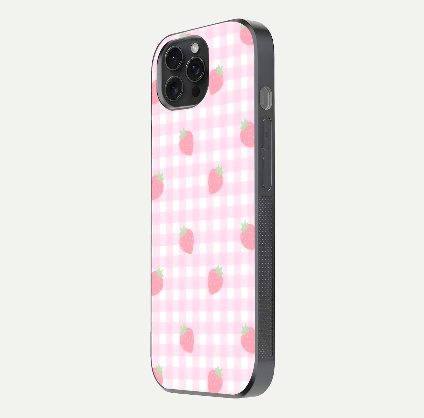 Strawberry Picnic Love iPhone 15 Pro glass phone case side profile view focusing on smooth frame and seamless wrap