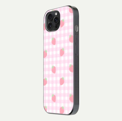 Strawberry Picnic Love iPhone 15 Pro glass phone case side profile view focusing on smooth frame and seamless wrap