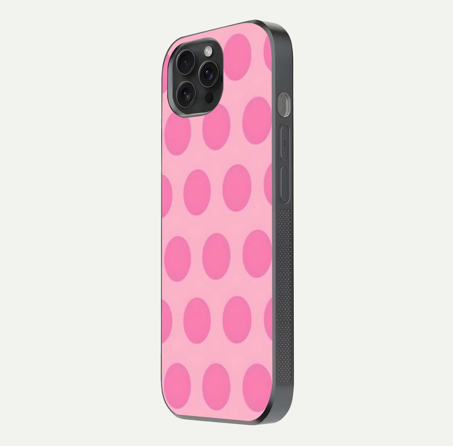 Sweet Dot Dreams iPhone 15 Pro glass phone case side profile view focusing on sleek edges and seamless wrap