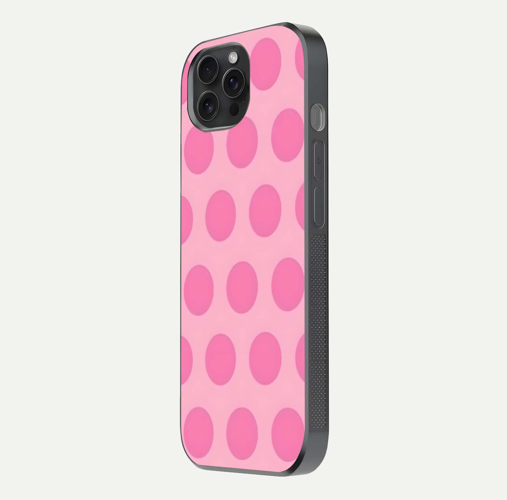 Sweet Dot Dreams iPhone 15 Pro glass phone case side profile view focusing on sleek edges and seamless wrap