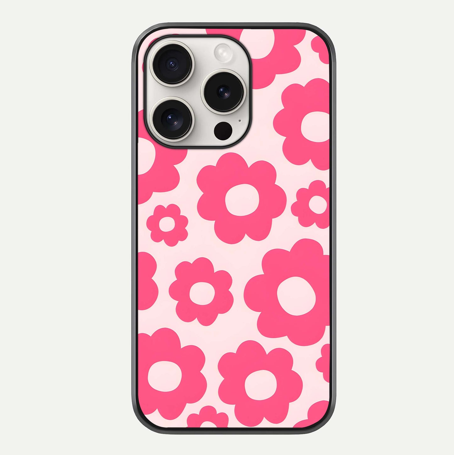Blush Flower Pop iPhone 15 Pro Max glass phone case front view featuring playful blush floral artwork with glossy finish