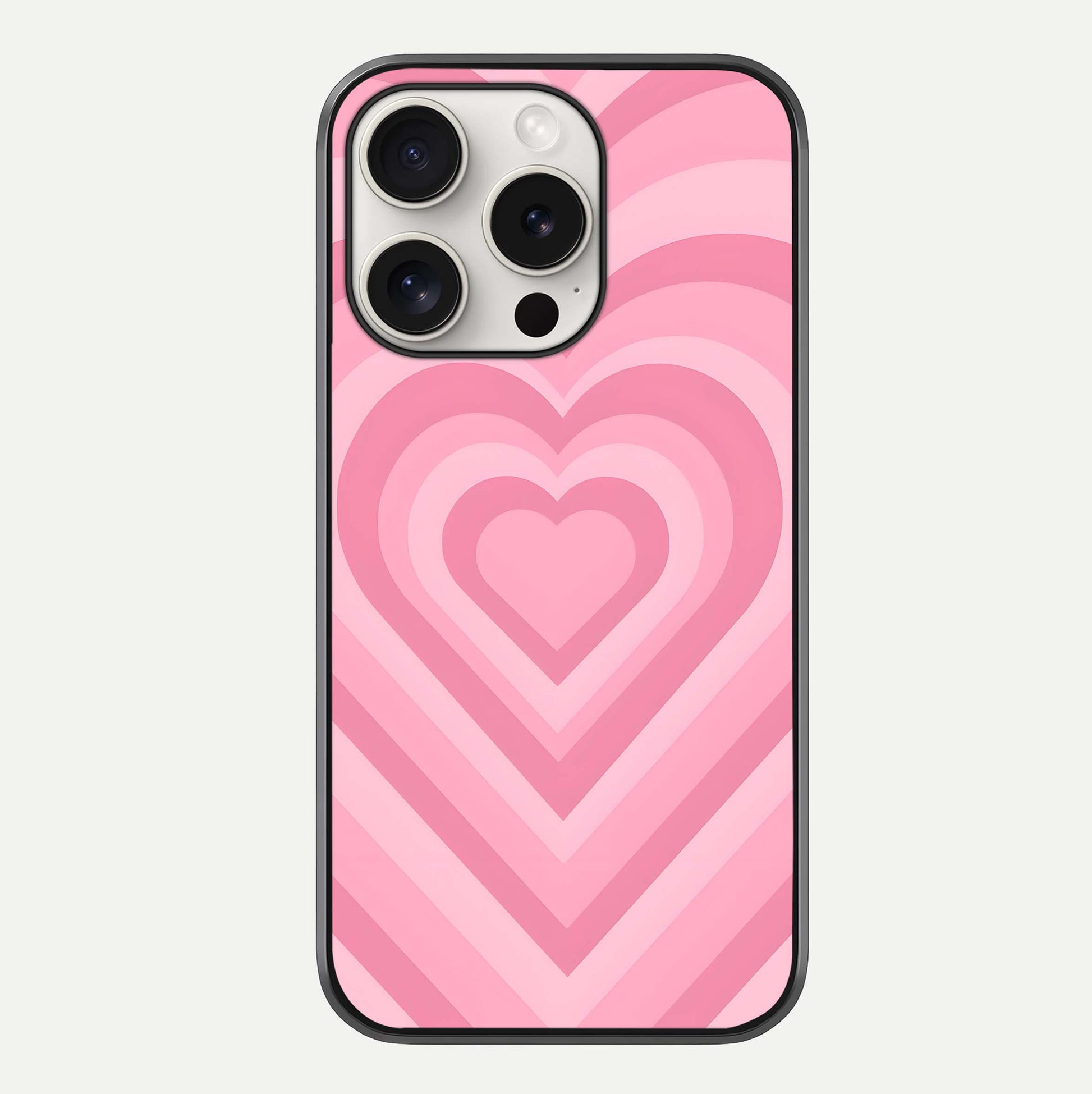 Blush Heart Waves iPhone 15 Pro Max glass phone case front view showcasing flowing heart wave patterns in soft blush tones