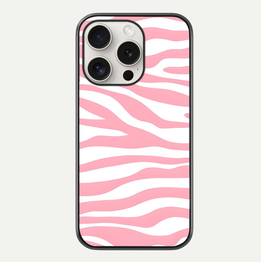 Blush Zebra Flow iPhone 15 Pro Max glass phone case front view featuring modern zebra flow pattern in blush tones