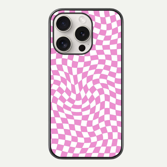 Bubblegum Check Wave iPhone 15 Pro Max glass phone case front view showcasing playful bubblegum check wave pattern with glossy finish