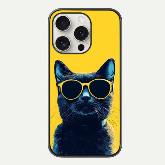 Cool Cat Vibes iPhone 15 Pro Max glass phone case front view featuring playful cat illustration with cool aesthetic tones