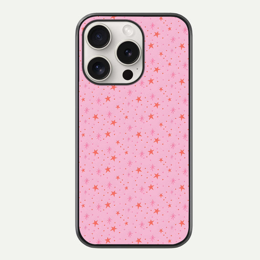 Cosmic Pink Sparkle iPhone 15 Pro Max glass phone case front view showcasing shimmering pink cosmic artwork with glossy finish