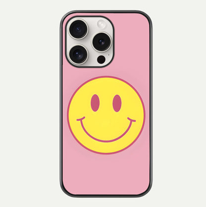 Happy Pink Mood iPhone 15 Pro Max glass phone case front view featuring cheerful pink tones and playful aesthetic design