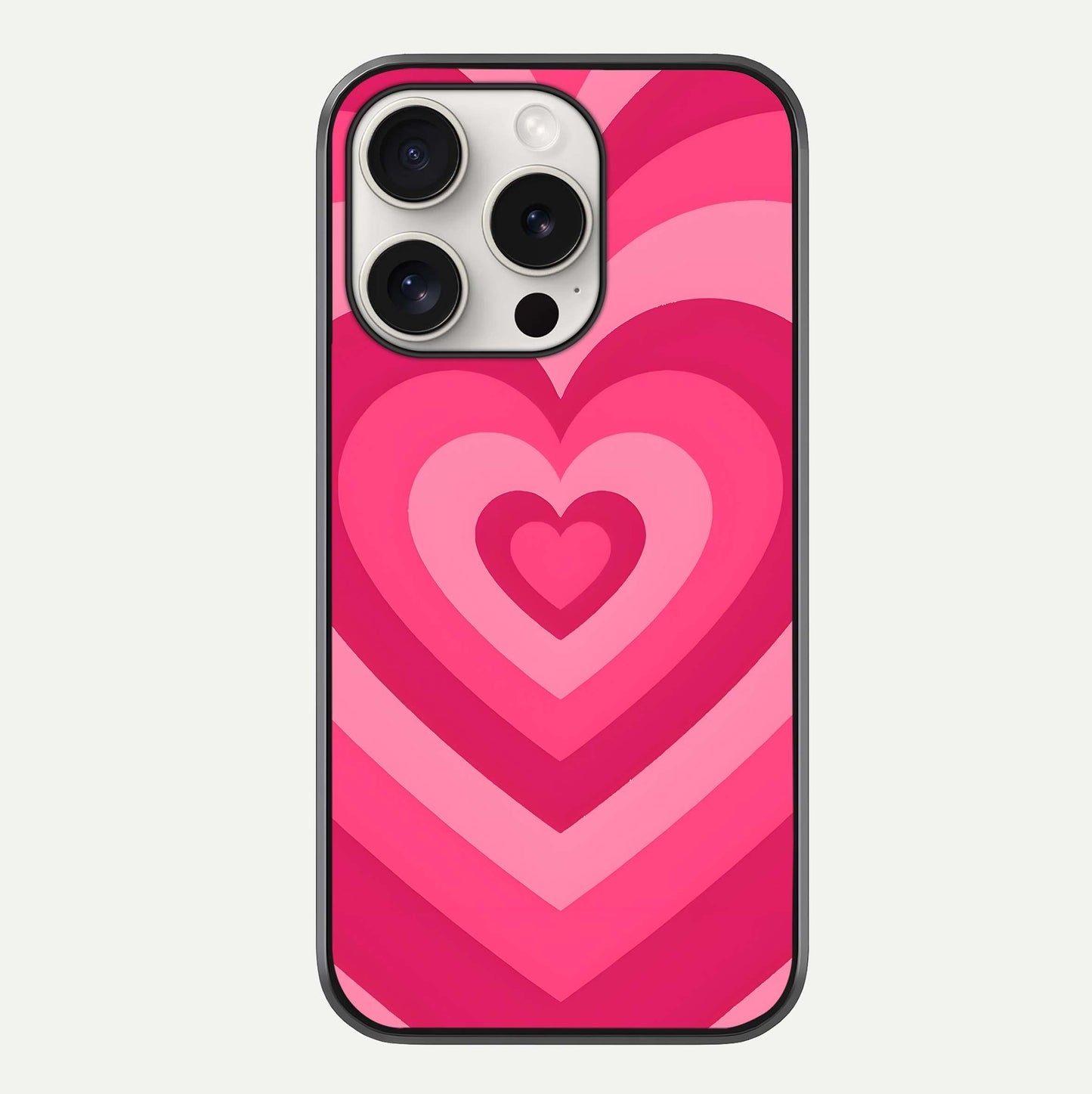 Layered Love Hearts iPhone 15 Pro Max glass phone case front view showcasing layered heart patterns with romantic aesthetic