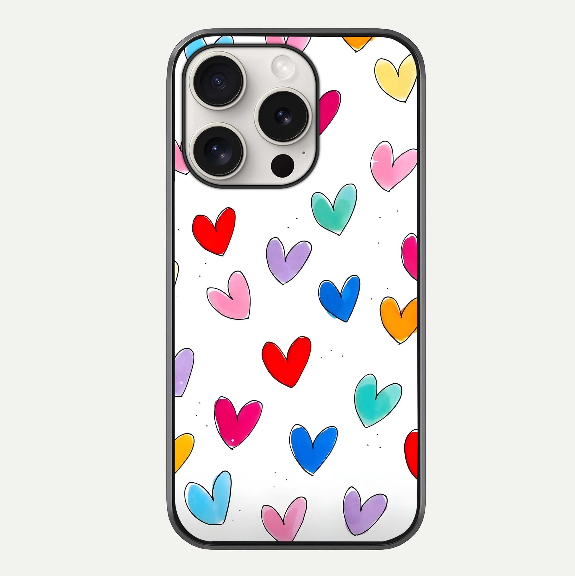 Playful Love Doodles iPhone 15 Pro Max glass phone case front view featuring cute love doodle illustrations with fun vibe
